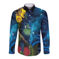 Tui Bird New Zealand Starry Sky Long Sleeve Button Shirt Maori Koru LT7 Unisex Galaxy - Polynesian Pride