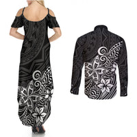 Polynesia Couples Matching Summer Maxi Dress and Long Sleeve Button Shirts Plumeria Black Curves LT7 - Polynesian Pride