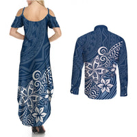 Polynesia Couples Matching Summer Maxi Dress and Long Sleeve Button Shirts Plumeria Blue Curves LT7 - Polynesian Pride