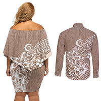 Polynesia Couples Matching Off Shoulder Short Dress and Long Sleeve Button Shirts Plumeria Beige Curves LT7 - Polynesian Pride