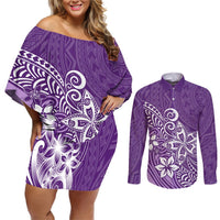 Polynesia Couples Matching Off Shoulder Short Dress and Long Sleeve Button Shirts Plumeria Purple Curves LT7 Purple - Polynesian Pride