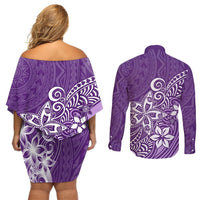 Polynesia Couples Matching Off Shoulder Short Dress and Long Sleeve Button Shirts Plumeria Purple Curves LT7 - Polynesian Pride