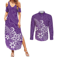 Polynesia Couples Matching Summer Maxi Dress and Long Sleeve Button Shirts Plumeria Purple Curves LT7 Purple - Polynesian Pride