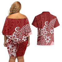 Polynesia Couples Matching Off Shoulder Short Dress and Hawaiian Shirt Plumeria Red Curves LT7 - Polynesian Pride
