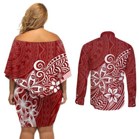 Polynesia Couples Matching Off Shoulder Short Dress and Long Sleeve Button Shirts Plumeria Red Curves LT7 - Polynesian Pride