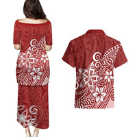 Polynesia Couples Matching Puletasi Dress and Hawaiian Shirt Plumeria Red Curves LT7 - Polynesian Pride