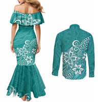 Polynesia Couples Matching Mermaid Dress and Long Sleeve Button Shirts Plumeria Teal Curves LT7 - Polynesian Pride