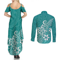 Polynesia Couples Matching Summer Maxi Dress and Long Sleeve Button Shirts Plumeria Teal Curves LT7 - Polynesian Pride