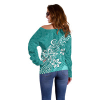 Polynesia Off Shoulder Sweater Plumeria Teal Curves LT7 - Polynesian Pride