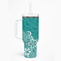 Hawaii Tumbler With Handle Plumeria Teal Curves