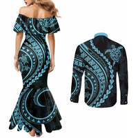 Polynesian Pride Couples Matching Mermaid Dress and Long Sleeve Button Shirts Turtle Hibiscus Luxury Style - Aquamarine LT7 - Polynesian Pride