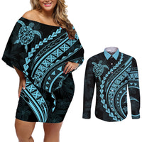 Polynesian Pride Couples Matching Off Shoulder Short Dress and Long Sleeve Button Shirts Turtle Hibiscus Luxury Style - Aquamarine LT7 Aquamarine - Polynesian Pride