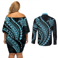Polynesian Pride Couples Matching Off Shoulder Short Dress and Long Sleeve Button Shirts Turtle Hibiscus Luxury Style - Aquamarine LT7 - Polynesian Pride