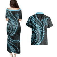 Polynesian Pride Couples Matching Puletasi Dress and Hawaiian Shirt Turtle Hibiscus Luxury Style - Aquamarine LT7 - Polynesian Pride