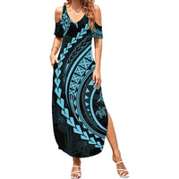 Hawaii Family Matching Outfits - Polynesian Pride Summer Maxi Dress and Shirt Turtle Hibiscus Luxury Style Aquamarine LT7