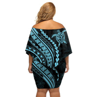 Polynesian Pride Off Shoulder Short Dress Turtle Hibiscus Luxury Style - Aquamarine LT7 - Polynesian Pride