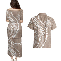 Polynesian Pride Couples Matching Puletasi Dress and Hawaiian Shirt Turtle Hibiscus Luxury Style - Beige LT7 - Polynesian Pride