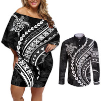 Polynesian Pride Couples Matching Off Shoulder Short Dress and Long Sleeve Button Shirts Turtle Hibiscus Luxury Style - Black LT7 Black - Polynesian Pride