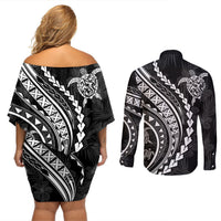 Polynesian Pride Couples Matching Off Shoulder Short Dress and Long Sleeve Button Shirts Turtle Hibiscus Luxury Style - Black LT7 - Polynesian Pride