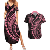 Polynesian Pride Couples Matching Summer Maxi Dress and Hawaiian Shirt Turtle Hibiscus Luxury Style - Carnation Pink LT7 Carnation Pink - Polynesian Pride