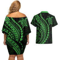 Polynesian Pride Couples Matching Off Shoulder Short Dress and Hawaiian Shirt Turtle Hibiscus Luxury Style - Green LT7 - Polynesian Pride