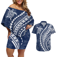 Polynesian Pride Couples Matching Off Shoulder Short Dress and Hawaiian Shirt Turtle Hibiscus Luxury Style - Navy LT7 Navy - Polynesian Pride