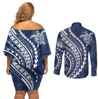 Polynesian Pride Couples Matching Off Shoulder Short Dress and Long Sleeve Button Shirts Turtle Hibiscus Luxury Style - Navy LT7 - Polynesian Pride