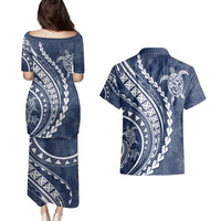 Polynesian Pride Couples Matching Puletasi Dress and Hawaiian Shirt Turtle Hibiscus Luxury Style - Navy LT7 - Polynesian Pride