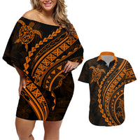 Polynesian Pride Couples Matching Off Shoulder Short Dress and Hawaiian Shirt Turtle Hibiscus Luxury Style - Orange LT7 Orange - Polynesian Pride
