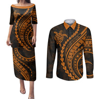 Polynesian Pride Couples Matching Puletasi Dress and Long Sleeve Button Shirts Turtle Hibiscus Luxury Style - Orange LT7 Orange - Polynesian Pride