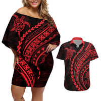 Polynesian Pride Couples Matching Off Shoulder Short Dress and Hawaiian Shirt Turtle Hibiscus Luxury Style - Rose LT7 Rose - Polynesian Pride