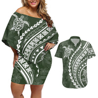 Polynesian Pride Couples Matching Off Shoulder Short Dress and Hawaiian Shirt Turtle Hibiscus Luxury Style - Sage LT7 Sage - Polynesian Pride