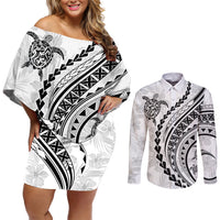 Polynesian Pride Couples Matching Off Shoulder Short Dress and Long Sleeve Button Shirts Turtle Hibiscus Luxury Style - White LT7 White - Polynesian Pride
