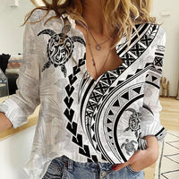 Polynesian Pride Women Casual Shirt Turtle Hibiscus Luxury Style - White LT7 Female White - Polynesian Pride