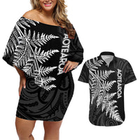 Personalised New Zealand Rugby Couples Matching Off Shoulder Short Dress and Hawaiian Shirt World Cup 2023 Silver Fern Champions LT7 Black - Polynesian Pride