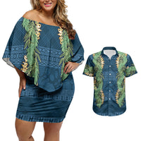 Hawai'i Paniolo Maile Twisted Lei Couples Matching Off Shoulder Short Dress and Hawaiian Shirt Cobalt Blue LT7 Cobalt Blue - Polynesian Pride
