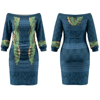 Hawai'i Paniolo Maile Twisted Lei Couples Matching Off The Shoulder Long Sleeve Dress and Long Sleeve Button Shirt Cobalt Blue LT7 - Polynesian Pride