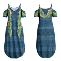 Hawai'i Paniolo Maile Twisted Lei Couples Matching Summer Maxi Dress and Long Sleeve Button Shirt Cobalt Blue LT7 - Polynesian Pride