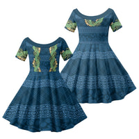 Hawai'i Paniolo Maile Twisted Lei Family Matching Mermaid Dress and Hawaiian Shirt Cobalt Blue LT7 Daughter's Dress Cobalt Blue - Polynesian Pride
