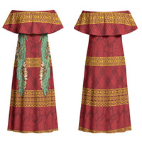 Hawai'i Paniolo Maile Twisted Lei Couples Matching Off Shoulder Maxi Dress and Hawaiian Shirt Hilo Royal Red LT7 - Polynesian Pride