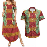 Hawai'i Paniolo Maile Twisted Lei Couples Matching Summer Maxi Dress and Hawaiian Shirt Hilo Royal Red LT7 Red - Polynesian Pride