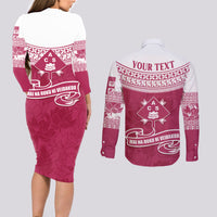 Personalised Fiji Adi Cakobau School Couples Matching Long Sleeve Bodycon Dress and Long Sleeve Button Shirts ACS Old Girls Lotus Mix Masi LT7 - Polynesian Pride