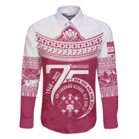 Personalised Fiji Adi Cakobau School Family Matching Off Shoulder Long Sleeve Dress and Hawaiian Shirt ACS Old Girls Lotus Mix Masi LT7 Dad's Shirt - Long Sleeve Crimson - Polynesian Pride