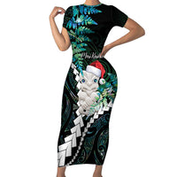 New Zealand Personalised Family Matching Short Sleeve Bodycon Dress and Hawaiian Shirt Meri Kirihimete Kowhaiwhai Mix Paua Shell - Emerald