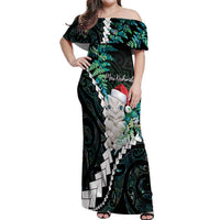 New Zealand Personalised Off Shoulder Maxi Dress Meri Kirihimete Kowhaiwhai Mix Paua Shell - Emerald