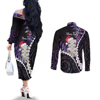 New Zealand Personalised Couples Matching Off The Shoulder Long Sleeve Dress and Long Sleeve Button Shirt Meri Kirihimete Kowhaiwhai Mix Paua Shell - Amethys