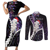 New Zealand Personalised Couples Matching Short Sleeve Bodycon Dress and Long Sleeve Button Shirt Meri Kirihimete Kowhaiwhai Mix Paua Shell - Amethys