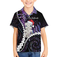 New Zealand Personalised Family Matching Off Shoulder Short Dress and Hawaiian Shirt Meri Kirihimete Kowhaiwhai Mix Paua Shell - Amethys