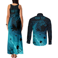 Polynesian Shark Couples Matching Tank Maxi Dress and Long Sleeve Button Shirt Under The Waves LT7 - Polynesian Pride