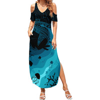 Polynesian Shark Family Matching Summer Maxi Dress and Hawaiian Shirt Under The Waves LT7 Mom's Dress Dark Blue - Polynesian Pride